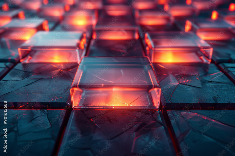 Aufkleber clean image of a 3d grid of geometric blocks, each emitting soft red and yellow glows in various int