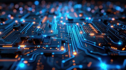 Digital circuit board with glowing blue lines