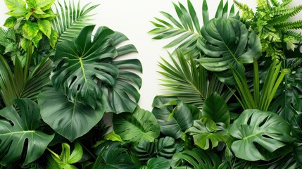 Lush green tropical plants on white background, large detailed leaves, rich textures, multiple green shades, macro lens, evening, highly realistic, gentle natural lighting.