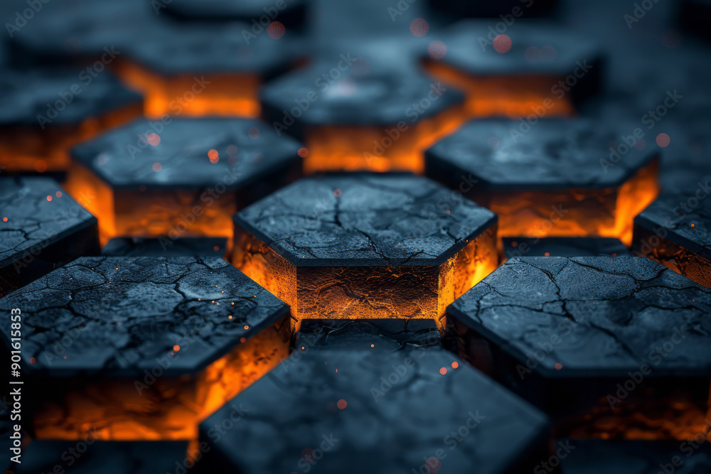 Poster minimalist scene of dark hexagonal blocks with radiant light accents, creating an intricate and mode