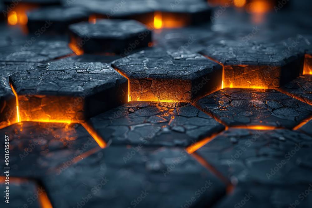 Poster minimalist scene of dark hexagonal blocks with radiant light accents, creating an intricate and mode