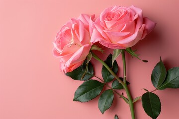 Fototapeta premium Three beautiful pink roses on a matching light pink background