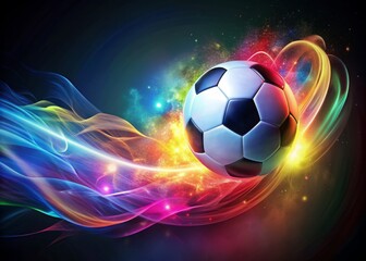 Naklejka premium Vibrant colors splash as a dynamic soccer ball flies through the air, leaving a trail of artistic streaks and abstract shapes, conveying energy and movement.