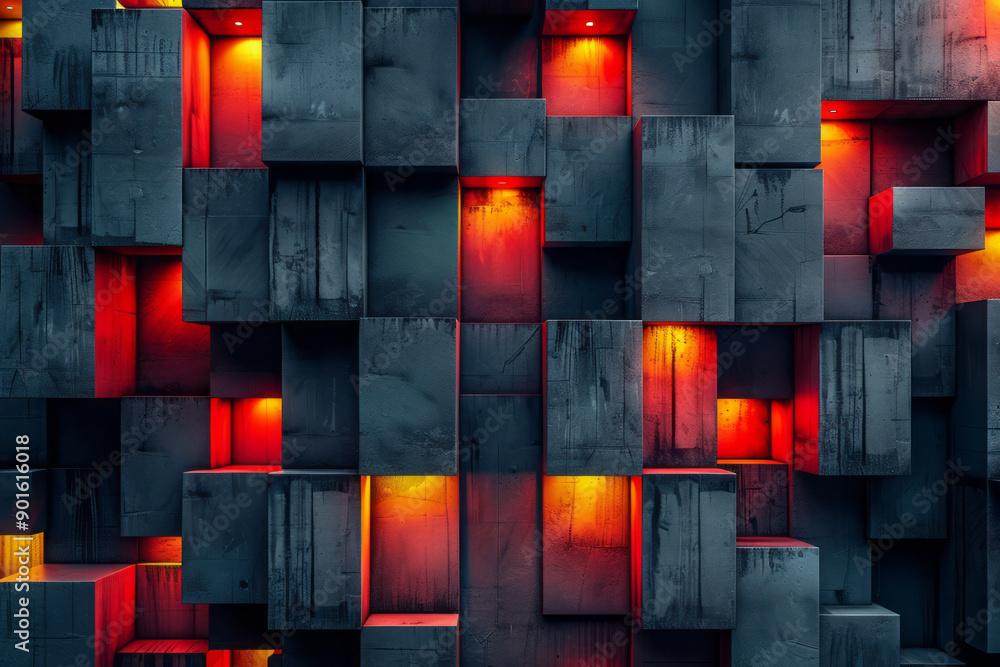 Poster clean depiction of a series of stacked dark blocks, enhanced by bright red and yellow highlights tha