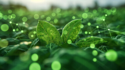 Green Plant with Abstract Network Connection in a Field