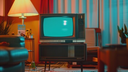 Retro television set illuminating a cozy living room, showcasing vintage decor and a nostalgic atmosphere.