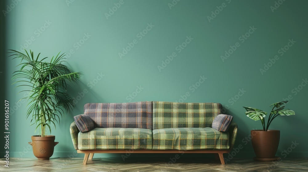 Poster Sofa with plaid cushion and houseplant in living room by green wall