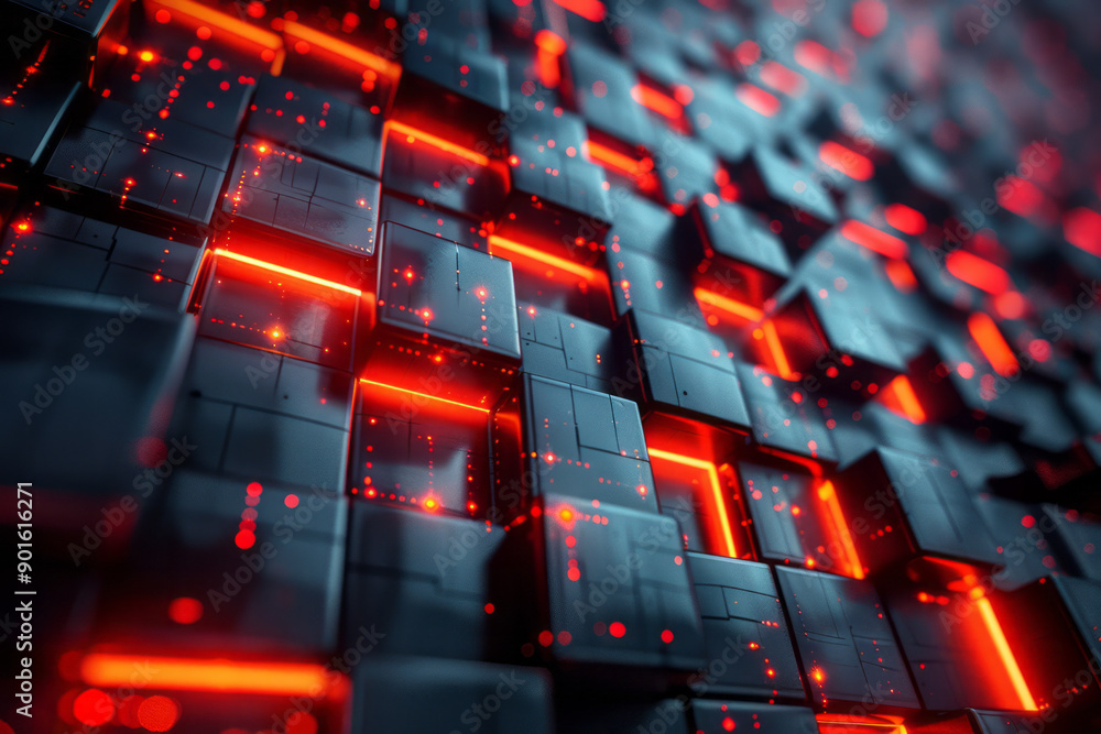 Poster clean image of a rotating dark geometric block structure with vibrant light accents that pulse rhyth
