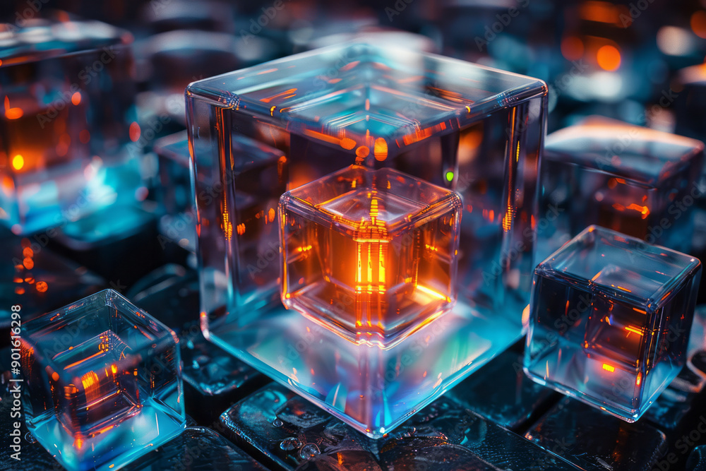 Poster clean image of a rotating dark geometric block structure with vibrant light accents that pulse rhyth