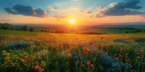 Sunset Over A Field Of Flowers