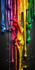 Vibrant paint colors drip artistically, creating a stunning visual display on a dark surface, perfect for creative projects.