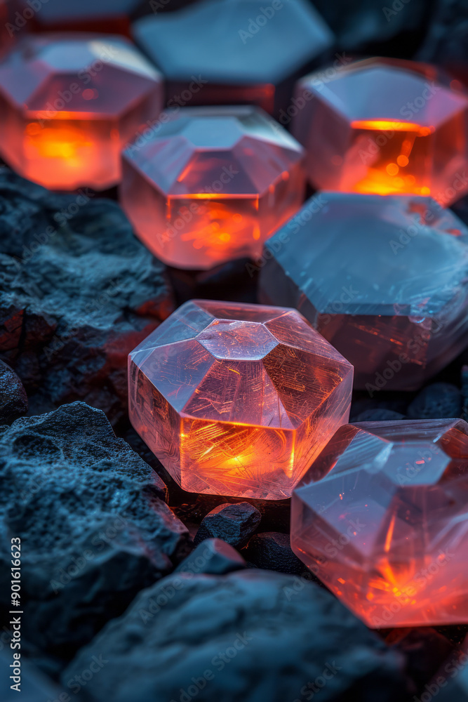 Poster minimalist scene of dark hexagonal prisms illuminated by soft red and yellow glows, creating an eleg