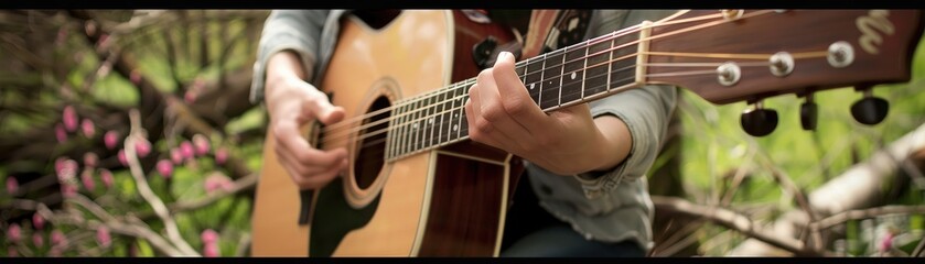 Fototapeta premium A close-up of a musician's hands skillfully playing an acoustic guitar among nature, showcasing the joy of music and creativity.