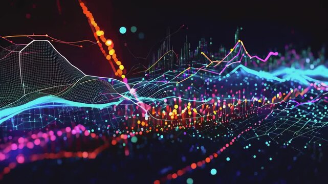Analyzing and predicting various data using graph motions on a dark background.