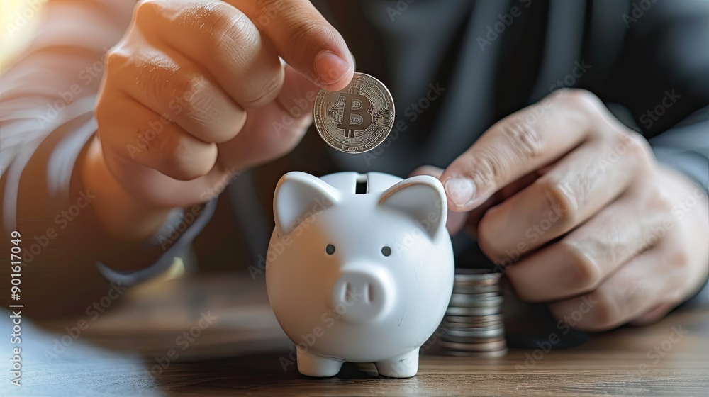 Poster a man holding a white piggy bank and dropping a coin into it, representing the start of a savings jo