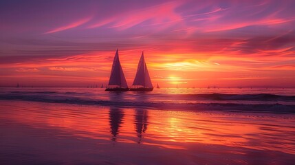 A sunset over the ocean with vibrant colors reflecting on the calm waters and silhouettes of sailboats.