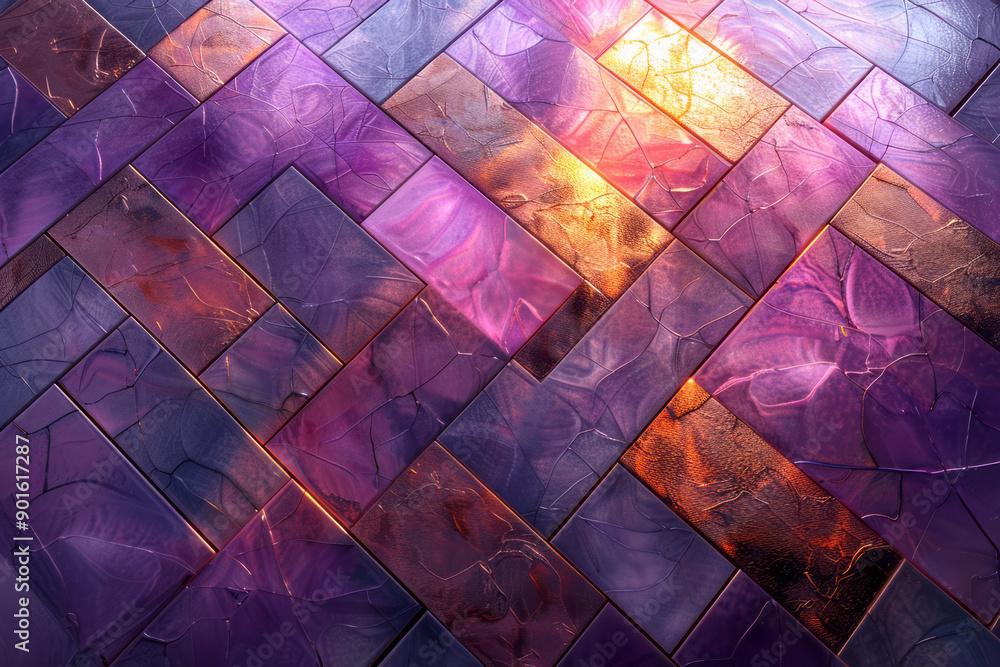 Poster minimalist representation of a grid of geometric patterns, combining soft purple and shiny copper el