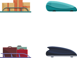 Car rack icons set cartoon vector. Various car roof plastic box. Travel automobile roof storage