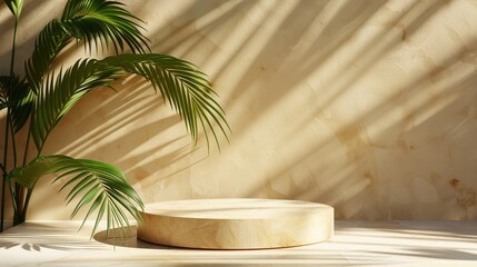 Fototapeta premium A minimalistic interior scene featuring a round pedestal and elegant palm leaves casting shadows on a warm, textured wall.