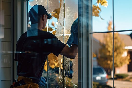 A person cleaning a window, demonstrating professionalism and attention to detail, with autumn scenery in the background.