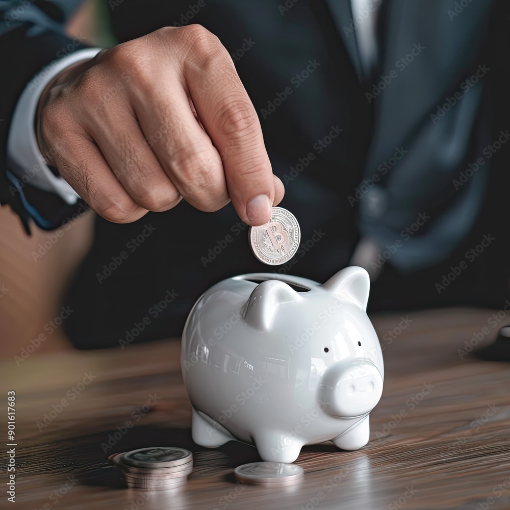 Poster a man in a suit inserting a coin into a white piggy bank on a table, demonstrating strategic savings