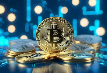 Cryptocurrency golden coin with Bitcoin emblem, photorealistic, abstract blue and gold digital background,