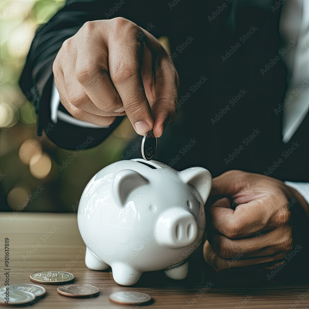 Poster a man in a suit inserting a coin into a white piggy bank on a table, demonstrating strategic savings