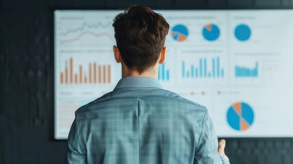 Realistic photo of a financial expert giving a presentation on strategic financial management, with a projector screen displaying detailed charts and graphs