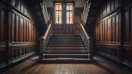 architecture photography, a view on a wooden stare, in a classic american house, dark academia style