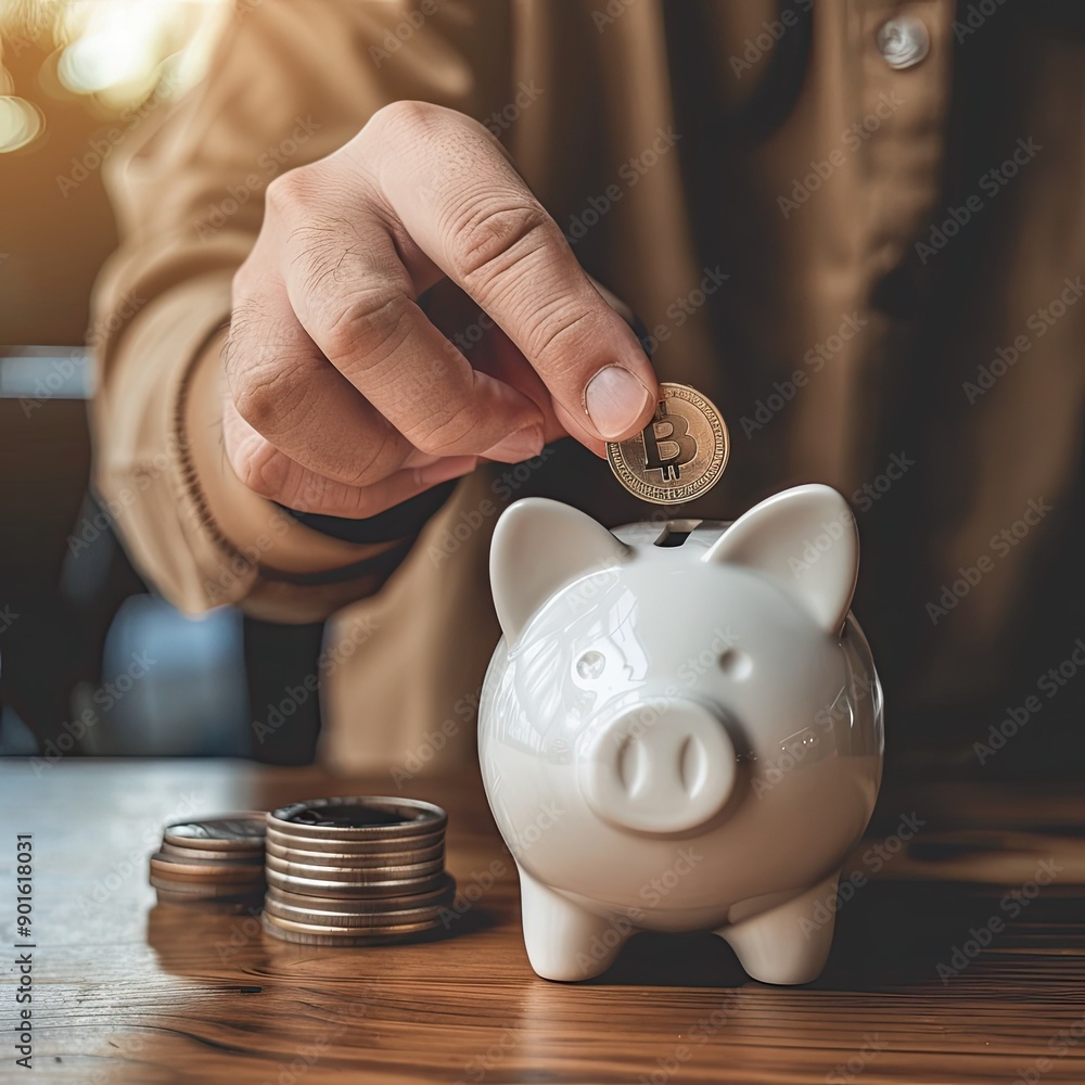 Poster a man placing a coin into a white piggy bank on a table, symbolizing the concept of securing the fut
