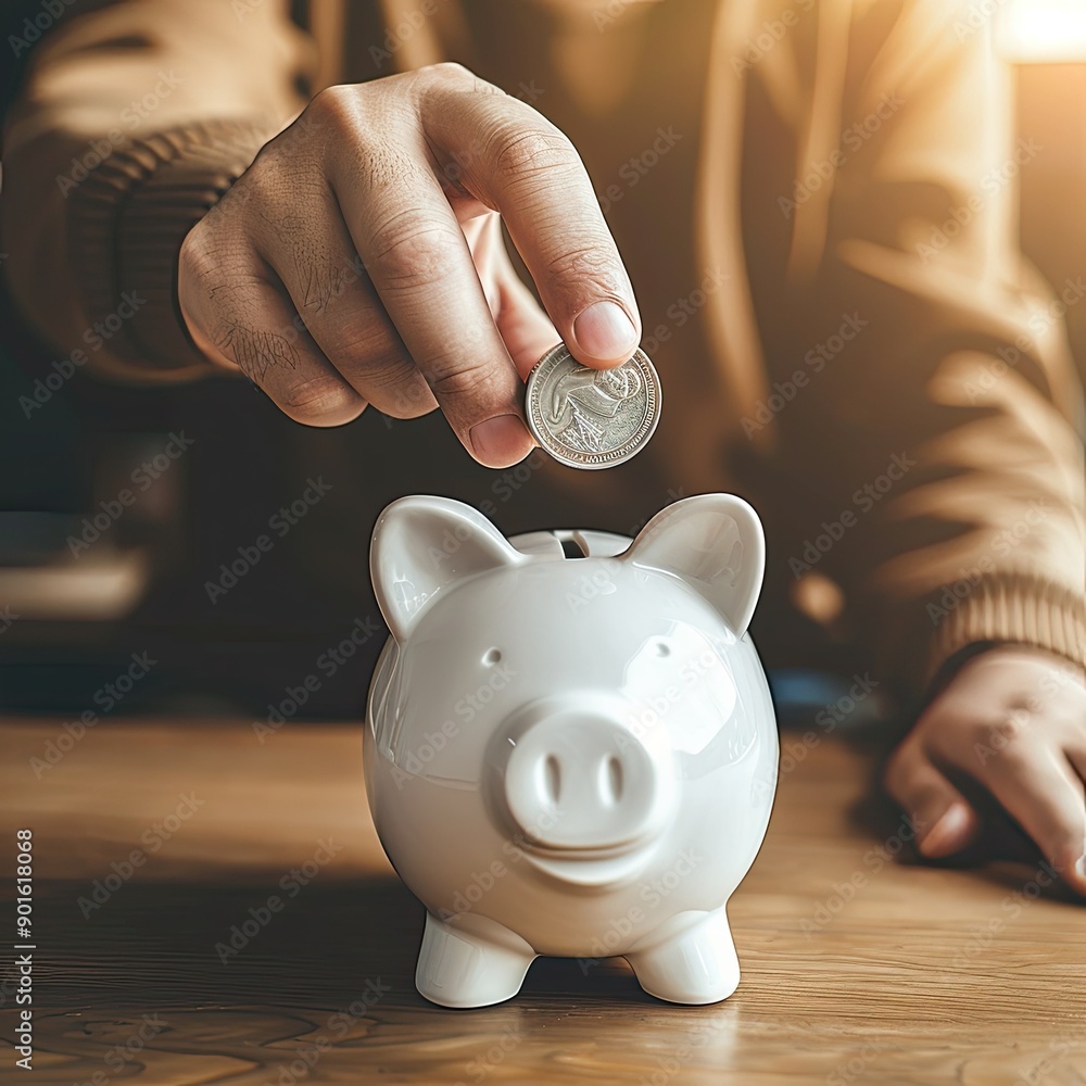 Aufkleber a man placing a coin into a white piggy bank on a table, symbolizing the concept of securing the fut