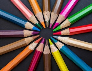 Colorful crayons on black background in different colors lie in a circle, colored faces point to each other