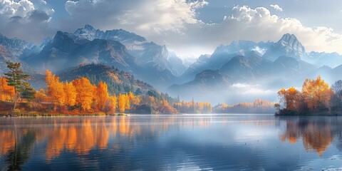 Obraz premium Serene Mountain Lake with Autumn Trees and Reflections