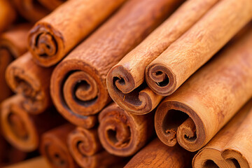 Cinnamon sticks close up. Concept for advertising a coffee shop, tea shop, and spices. Cozy template, fragrant spices