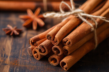Cinnamon sticks close up on a wooden table. Concept for advertising a coffee shop, tea shop, spices. Cozy template, fragrant spices