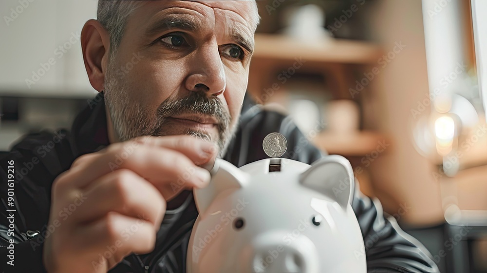 Poster a man with a focused look dropping a coin into a white piggy bank, showing his dedication to financi