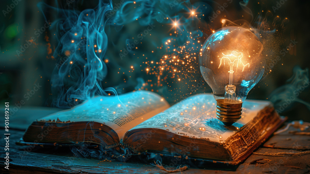 Poster old open book with glowing lightbulb and magical sparks creating an enchanting atmosphere. concepts 