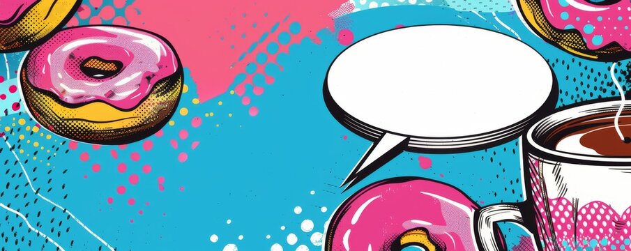 Playful pop art design with coffee cup, donut and speech bubble against a vibrant background