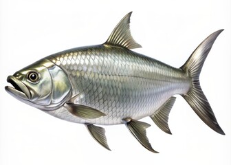 Fototapeta premium Large silver tarpon fish with shiny scales and distinctive lateral line pattern swims in a curved pose, isolated on a clean white background.