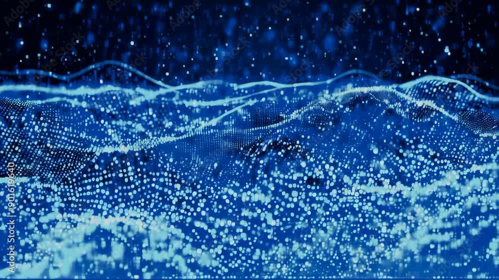 Poster an abstract glowing digital wave consists of particles and dots moving on a blue background, big dat