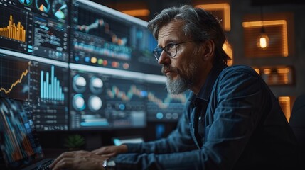 Fototapeta premium Focused Financial Analyst Analyzing Data on Multiple Monitors in Modern Office Environment Late at Night. Generative AI
