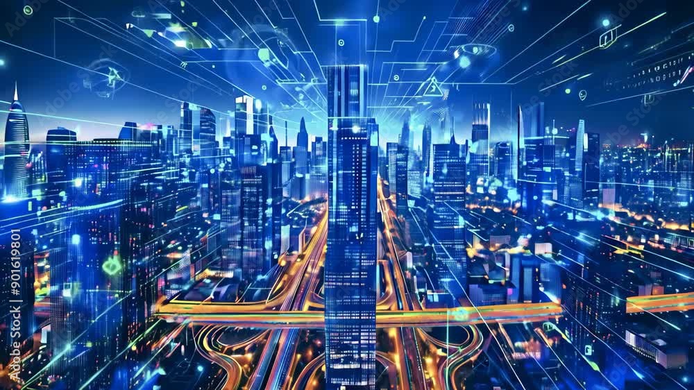 Poster using artificial intelligence, connection data analysis background concept of smart city of digital 