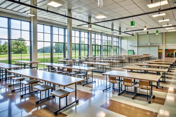 Empty school cafeteria with rows of tables and chairs, large windows allowing natural light to pour in, and a clean, polished floor stretching out.