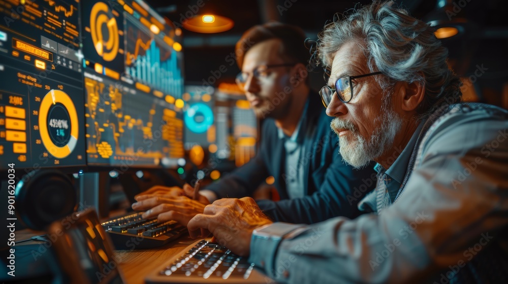 Poster intense focus on data analysis during late-night session in modern office environment. generative ai