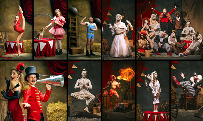 Creative circus collage showing diverse acts, acrobatics, strongman, and whimsical clowns, all in...