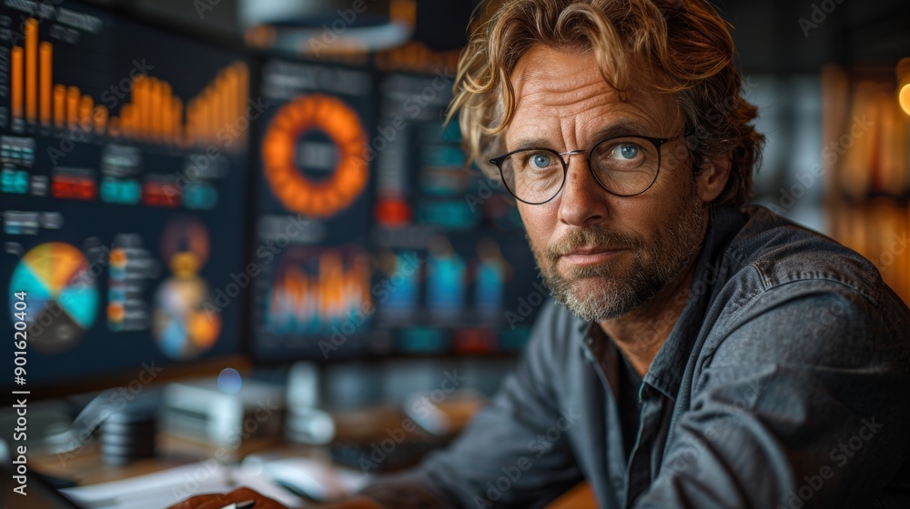 Poster professional man analyzing data visualizations in modern office during late afternoon hours. generat