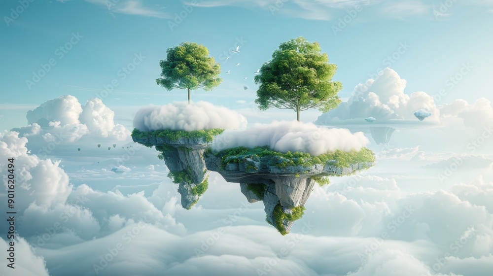 Poster create a surreal vision of cloud computing with floating data storage islands in a dreamlike sky.