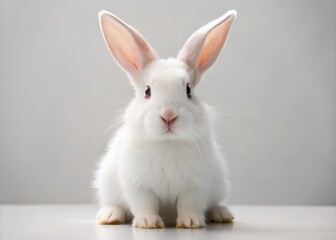 Adorable white rabbit with bright curious eyes and fluffy ears sits alone on a transparent background, showcasing its gentle innocence and playful charm.