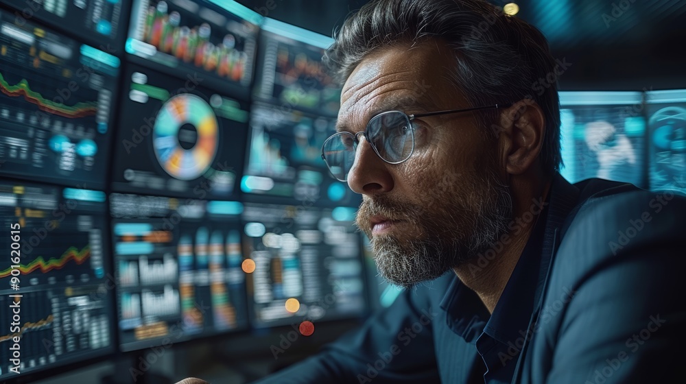 Poster professional finance analyst analyzing market data on multiple computer screens late at night. gener