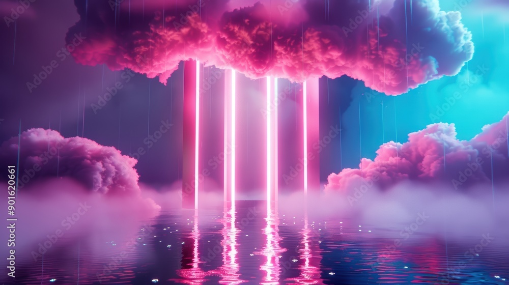 Poster explore the surreal world of cloud cybersecurity with ethereal digital guardians protecting floating